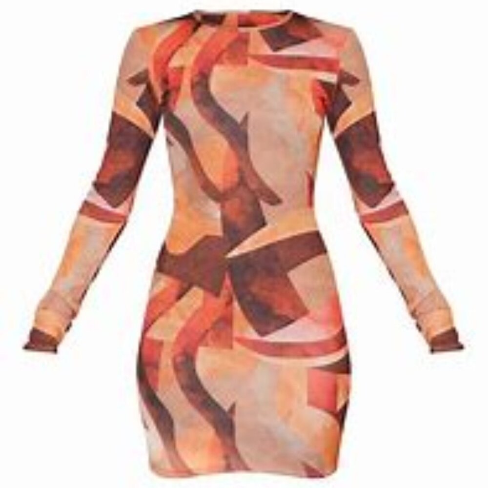 Pretty Little Thing | Geometric Long Sleeve Short Dress Orange, Size 0